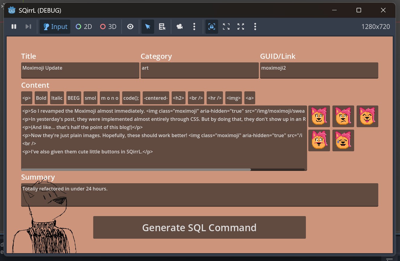 Screenshot of the latest version of SQirrL, with 5 buttons for each of the Moximoji beside the main post box.